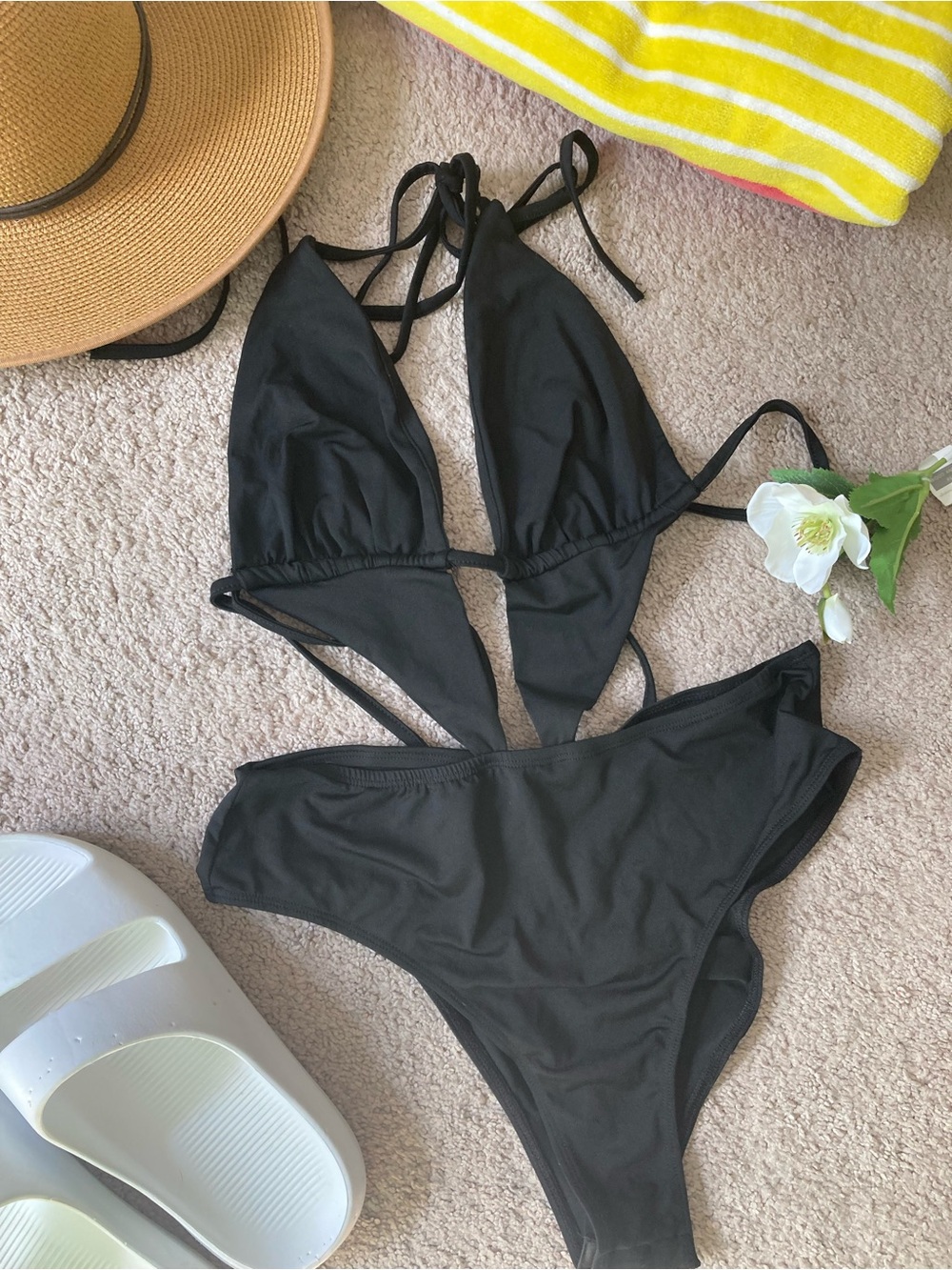 SHEIN Black Strappy Cutout One-Piece bodysuit